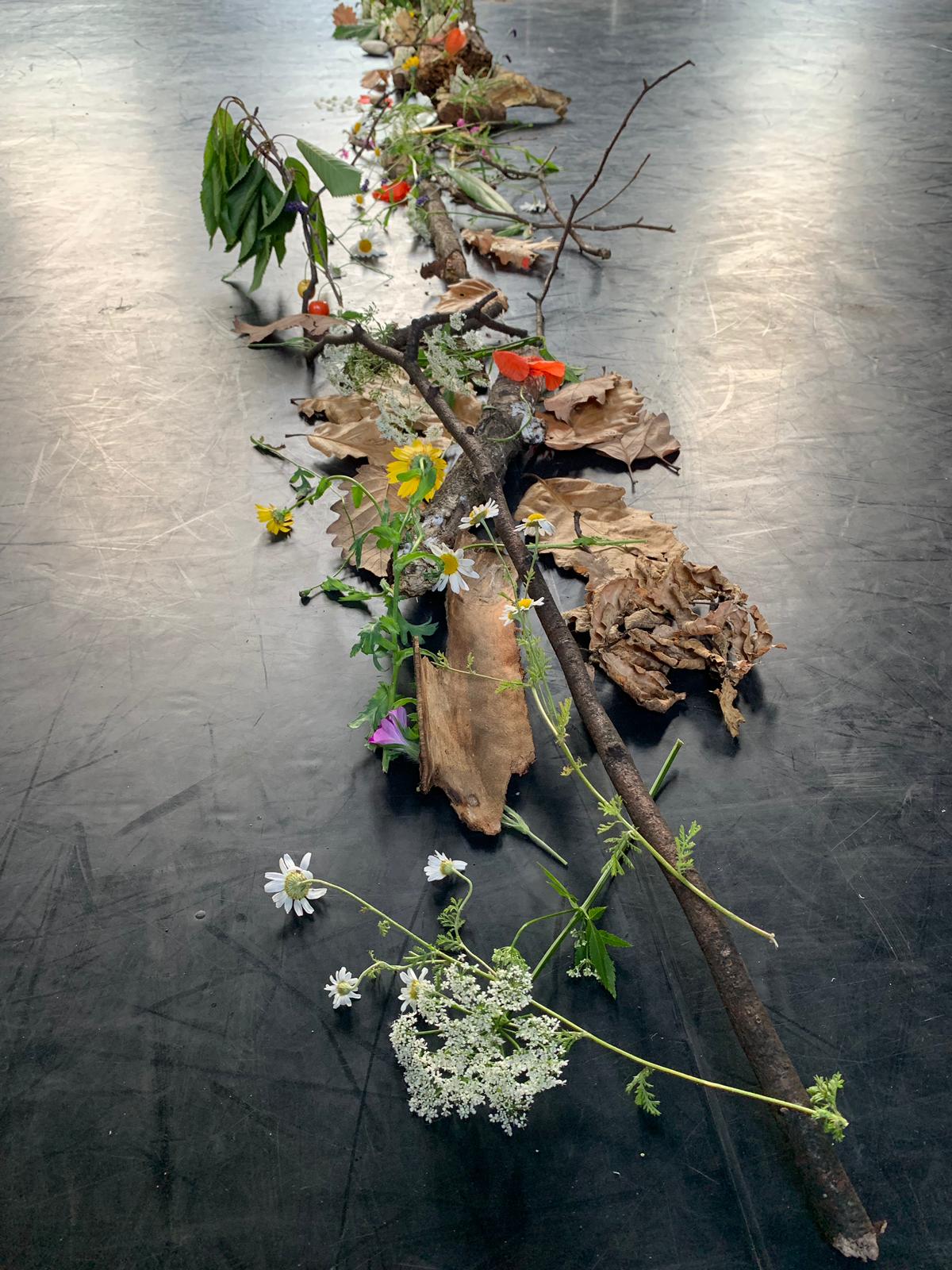Flowers, bark, branches and leaves arranged on a floor